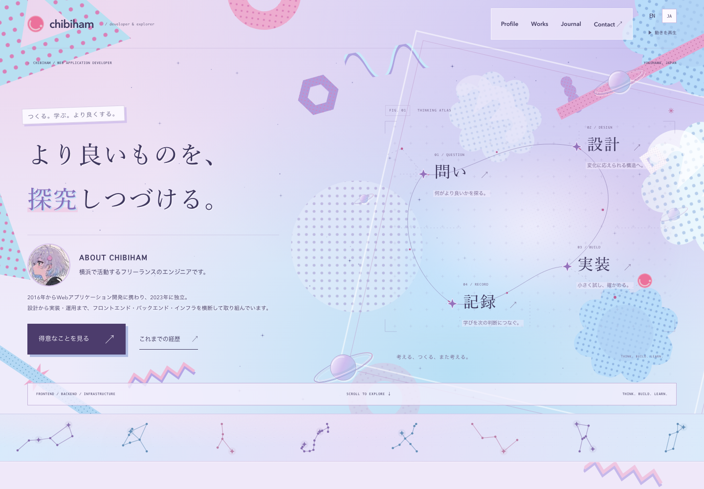 The redesigned Japanese homepage, with a pale lavender and blue background and an atlas connecting Question, Design, Build, and Record